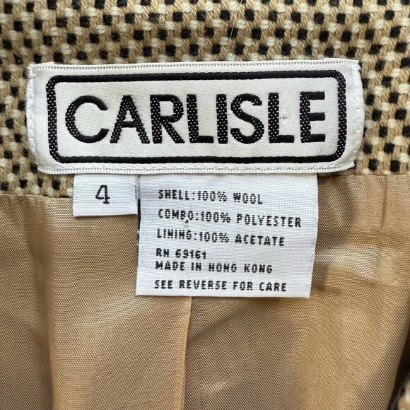 Carlisle Vintage 90s Woven Wool Blazer Jacket Tan Black High Collar Zip Up, Sz 4 - Picture 3 of 12